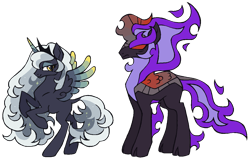 Size: 1320x840 | Tagged: safe, artist:gaines, king sombra, princess luna, alicorn, kirin, nirik, pony, g4, alternate design, closed mouth, cloven hooves, colored wings, crown, duo, duo male and female, eyeshadow, female, frown, golden eyes, gradient horn, gradient wings, horn, jewelry, kirin-ified, leonine tail, lidded eyes, makeup, male, mare, missing cutie mark, rearing, red eyes, red eyes take warning, redesign, regalia, simple background, smiling, sparkly mane, sparkly tail, species swap, spread wings, standing, tail, tiara, transparent background, white-haired luna, wings, yellow eyes