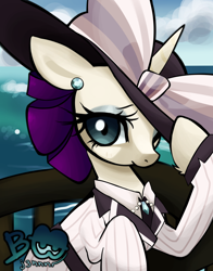 Size: 2048x2616 | Tagged: safe, artist:brainr0tter, rarity, pony, unicorn, g4, boat, clothes, female, high res, horn, looking at you, mare, raristocrat, rose dewitt bukater, solo, titanic, water, watermark