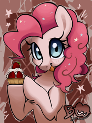 Size: 2048x2732 | Tagged: safe, artist:brainr0tter, pinkie pie, earth pony, pony, g4, female, food, high res, looking at you, mare, smiling, smiling at you, solo, strawberry tart, tongue out, watermark