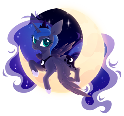 Size: 4000x3760 | Tagged: safe, artist:belka-sempai, princess luna, alicorn, pony, g4, crescent moon, crown, cute, ethereal mane, ethereal tail, female, high res, hoof shoes, jewelry, long mane, long tail, looking at you, mare, moon, peytral, princess shoes, redraw, regalia, solo, starry mane, starry tail, stars, tail, tangible heavenly object, transparent moon