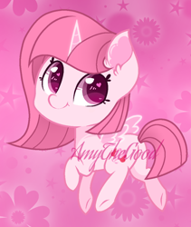 Size: 878x1042 | Tagged: safe, artist:flapsy-puff, artist:muhammad yunus, oc, oc:annisa trihapsari, earth pony, pony, annibutt, butt, chibi, cute, earth pony oc, female, heart, heart eyes, looking at you, looking back, looking back at you, mare, ocbetes, pink background, plot, simple background, smiling, smiling at you, solo, watermark, wingding eyes