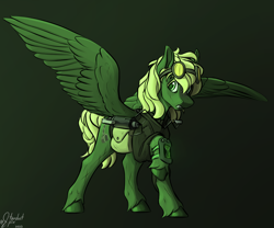 Size: 3600x3000 | Tagged: safe, artist:stardustspix, oc, oc:murky, pegasus, pony, fallout equestria, fallout equestria: murky number seven, aviator goggles, bag, battle saddle, clothes, colored eyebrows, colored eyelashes, colored pupils, fanfic art, goggles, gradient background, grappling hook, high res, large wings, male, pipbuck, saddle bag, solo, spread wings, wings