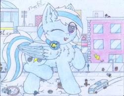 Size: 3300x2550 | Tagged: safe, artist:fliegerfausttop47, derpibooru exclusive, oc, oc only, oc:ravist, unnamed oc, pegasus, pony, :3, antenna, antennae, blue coat, blue mane, brick wall, building, bus, butt fluff, car, cheek fluff, chest fluff, city, colt, cracks, cute, description is relevant, destruction, ear fluff, elbow fluff, eye clipping through hair, eyelashes, female, fluffy, foal, gift art, hair over one eye, happy, high res, hoof fluff, hoofprints, leg fluff, lightbulb, looking at someone, looking at you, macro, macro/micro, male, mare, micro, newspaper, open mouth, pegasus oc, pencil drawing, purple eyes, signature, smiling, solo focus, squished, stepped on, story included, street lamp, traditional art, trash can, two toned mane, vehicle, white mane, wing fluff, wings
