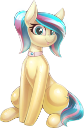 Size: 3186x4824 | Tagged: safe, alternate version, artist:underpable, bonna fide, glamour gleam, crystal pony, pony, g4, :p, abstract background, collar, colored, commission, female, lighting, looking at you, mare, optics, shading, simple background, sitting, smiling, smiling at you, solo, tongue out, translucent, transparent, transparent background