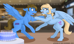 Size: 1280x775 | Tagged: safe, artist:thedigodragon, oc, oc only, oc:blue palette, oc:lusty symphony, pegasus, pony, argument, birthday, cake, duo, female, fight, food, mare, spread wings, wings