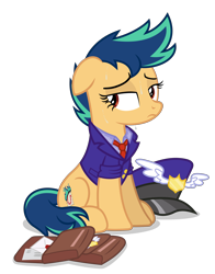 Size: 4000x5100 | Tagged: safe, artist:gypsykumquat, oc, oc only, oc:fiery stamp, earth pony, pony, .svg available, absurd resolution, bag, clothes, earth pony oc, exhausted, female, floppy ears, hat, inkscape, looking back, mailbag, mailmare, mailmare hat, mailmare uniform, mailpony, mailpony uniform, saddle bag, show accurate, simple background, sitting, solo, svg, sweat, sweatdrop, transparent background, uniform, uniform hat, vector, wet clothes