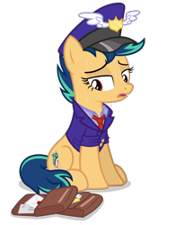 Size: 4000x5100 | Tagged: safe, artist:gypsykumquat, oc, oc only, oc:fiery stamp, earth pony, pony, .svg available, absurd resolution, bag, clothes, earth pony oc, exhausted, female, hat, inkscape, mailbag, mailmare, mailmare hat, mailmare uniform, mailpony, mailpony uniform, saddle bag, show accurate, simple background, sitting, solo, svg, sweat, sweatdrop, transparent background, uniform, uniform hat, vector, wet clothes
