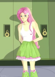 Size: 1250x1754 | Tagged: safe, artist:twtstzk, fluttershy, human, equestria girls, g4, arm behind back, boots, clothes, cute, female, lockers, polka dot socks, shoes, shyabetes, skirt, socks, solo, tank top