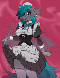 Size: 1843x2400 | Tagged: safe, artist:mirage, oc, oc only, bat pony, pegasus, anthro, bat wings, clothes, corset, female, maid, solo, stockings, thigh highs, wings