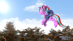 Size: 3840x2160 | Tagged: safe, artist:melodismol, oc, oc:star beats, pegasus, pony, 3d, backpack, bag, cloud, female, flying, high res, saddle bag, sky, solo, source filmmaker, sun, travelling, tree