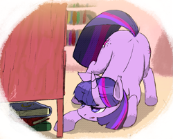 Size: 953x767 | Tagged: safe, artist:gorebox, twilight sparkle, pony, unicorn, g4, book, bookshelf, cute, female, floppy ears, library, one ear down, searching, shelf, solo, twiabetes, unicorn twilight