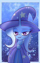 Size: 2200x3500 | Tagged: safe, artist:thebigstuff89, trixie, pony, unicorn, g4, cape, clothes, female, hat, high res, horn, lidded eyes, looking at you, mare, smiling, smiling at you, smirk, smug, solo, trixie's cape, trixie's hat, wizard hat