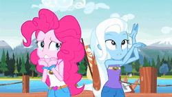 Size: 1280x720 | Tagged: safe, screencap, pinkie pie, trixie, human, equestria girls, g4, my little pony equestria girls: legend of everfree, animated, armpits, arms in the air, bracelet, camp everfree outfits, clothes, duo, duo female, eyebrows, eyes closed, facepalm, female, hand on hip, hands in the air, heart, jewelry, lake, mountain, pier, pinkie pie is not amused, raised eyebrow, shirt, sleeveless, sleeveless shirt, sound, talking, tank top, teenager, tree, unamused, water, webm