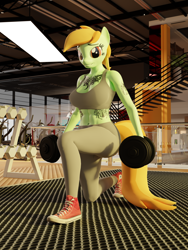Size: 7500x10000 | Tagged: safe, artist:lumimation, oc, oc only, oc:lumi shell, anthro, plantigrade anthro, 3d, abs, absurd resolution, belly button, breasts, busty oc, clothes, converse, cute, female, fit, gym, happy, kneeling, looking at you, pants, shoes, slender, solo, sweatpants, tattoo, thin, weight lifting, weights