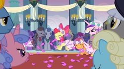 Size: 2160x1211 | Tagged: safe, screencap, apple bloom, princess cadance, queen chrysalis, scootaloo, sweetie belle, alicorn, earth pony, pegasus, pony, unicorn, a canterlot wedding, g4, background pony, bride, canterlot, canterlot castle, clothes, cute, dress, eyes closed, fake cadance, female, filly, floral head wreath, flower, flower filly, flower girl, flower girl dress, flower in hair, foal, force field, happy, hopping, marriage, wedding, wedding veil