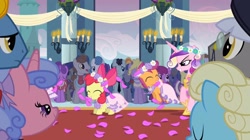 Size: 2160x1206 | Tagged: safe, screencap, apple bloom, princess cadance, queen chrysalis, scootaloo, alicorn, earth pony, pegasus, pony, unicorn, a canterlot wedding, g4, background pony, bride, canterlot, canterlot castle, clothes, cute, dress, evil smile, eyes closed, fake cadance, female, filly, floral head wreath, flower, flower filly, flower girl, flower girl dress, flower in hair, foal, force field, grin, hopping, marriage, necktie, smiling, wedding, wedding veil