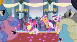 Size: 2160x1205 | Tagged: safe, screencap, apple bloom, princess cadance, queen chrysalis, scootaloo, alicorn, earth pony, pegasus, pony, unicorn, a canterlot wedding, g4, background pony, bride, canterlot, canterlot castle, clothes, cute, dress, eyes closed, fake cadance, floral head wreath, flower, flower filly, flower girl, flower girl dress, flower in hair, force field, hopping, marriage, necktie, wedding, wedding veil