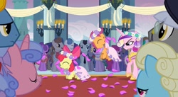 Size: 2160x1187 | Tagged: safe, screencap, apple bloom, princess cadance, queen chrysalis, scootaloo, alicorn, earth pony, pegasus, pony, unicorn, a canterlot wedding, g4, bride, canterlot, canterlot castle, clothes, cute, dress, evil smile, eyes closed, fake cadance, floral head wreath, flower, flower filly, flower girl, flower girl dress, foal, force field, grin, hopping, marriage, necktie, open mouth, smiling, wedding, wedding veil