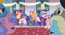 Size: 2160x1196 | Tagged: safe, screencap, apple bloom, berry punch, berryshine, bruce mane, caesar, cloud kicker, count caesar, eclair créme, jangles, linky, lyrica lilac, masquerade, north star, perfect pace, princess cadance, queen chrysalis, royal ribbon, scootaloo, shoeshine, star gazer, alicorn, earth pony, pegasus, pony, unicorn, a canterlot wedding, g4, background pony, bride, clothes, cute, disguise, disguised changeling, dress, evil grin, eyes closed, fake cadance, floral head wreath, flower, flower filly, flower girl, flower girl dress, force field, grin, hopping, marriage, necktie, open mouth, shooting star, smiling, wedding, wedding veil