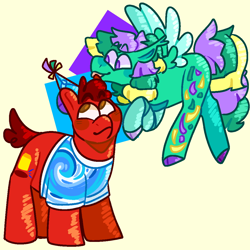 Size: 1080x1080 | Tagged: safe, artist:spaceoreosxoxo, oc, oc only, oc:paper fiesta, earth pony, pegasus, pony, birthday, clothes, duo, earth pony oc, hat, party hat, pegasus oc, shirt