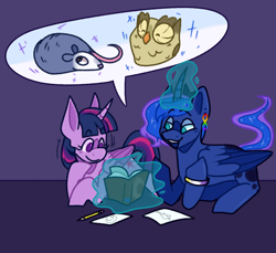 Size: 1080x989 | Tagged: safe, artist:spaceoreosxoxo, owlowiscious, princess luna, tiberius, twilight sparkle, alicorn, bird, opossum, owl, pony, g4, alternate versions at source, autism, book, duo, magic, nonbinary, nonbinary pride flag, pride, pride flag, speech bubble, twilight sparkle (alicorn)