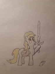 Size: 4608x3456 | Tagged: safe, alternate version, artist:auro, derpy hooves, g4, cap, hat, master sword, newbie artist training grounds, shield, simple background, solo, sword, the legend of zelda, traditional art, weapon