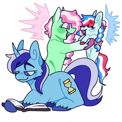 Size: 1080x1080 | Tagged: safe, artist:spaceoreosxoxo, minty (g4), minuette, earth pony, pony, unicorn, g4, blue eyes, book, closed mouth, coat markings, colored hooves, crack shipping, eyes closed, female, lidded eyes, lying down, magical lesbian spawn, mother and child, mother and daughter, offspring, open mouth, parent:minty (g4), parent:minuette, parents:mintuette, prone, purple eyes, reading, ship:mintuette, shipping, simple background, smiling, socks (coat markings), transparent background, trio, unshorn fetlocks
