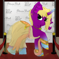 Size: 4000x4000 | Tagged: safe, artist:spiroudada, oc, oc only, oc:velvet sky, pony, unicorn, carpet, cinema, clothes, collar, crossdressing, digital art, drawing, dress, festival, gold, jewelry, male, princessweek, red, solo, stallion, transgender