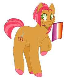 Size: 820x957 | Tagged: safe, artist:spaceoreosxoxo, babs seed, earth pony, pony, g4, alternate versions at source, colored hooves, eyebrows, female, lesbian, lesbian pride flag, lgbt, lgbtq, mare, older, older babs seed, pride, pride flag, raised eyebrow, raised eyebrows, raised hoof, scissors, simple background, smiling, solo, transparent background