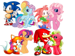 Size: 800x599 | Tagged: safe, artist:digiponythedigimon, applejack (g3), pinkie pie (g3), rainbow dash (g3), scootaloo (g3), g3, g3.5, amy rose, knuckles the echidna, male, miles "tails" prower, simple background, sonic the hedgehog, sonic the hedgehog (series), transparent background