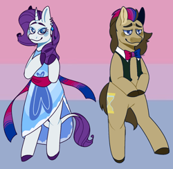 Size: 1080x1053 | Tagged: safe, artist:spaceoreosxoxo, doctor whooves, rarity, time turner, earth pony, pony, unicorn, g4, bisexual, bisexual pride flag, bisexuality, blushing, bowtie, clothes, colored hooves, cute, diamond, doctorbetes, dress, duo, dyed mane, ear piercing, earring, female, heart, heart eyes, jewelry, leonine tail, lgbt, lgbtq, male, mare, piercing, pride, pride flag, raribetes, smiling, stallion, tail, wingding eyes