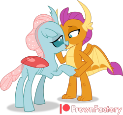 Size: 2195x2050 | Tagged: safe, artist:frownfactory, ocellus, smolder, changedling, changeling, dragon, g4, butt, changedling on dragon action, changeling x dragon, dragoness, female, french kiss, high res, holding hooves, interspecies, kissing, lesbian, plot, ship:smolcellus, shipping, simple background, transparent background, vector, wings