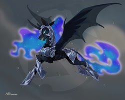 Size: 2048x1643 | Tagged: safe, artist:anoraknr, nightmare moon, alicorn, bat pony, bat pony alicorn, pony, g4, abstract background, armor, bat wings, concave belly, curved horn, ethereal mane, ethereal tail, female, helmet, hoof shoes, horn, hybrid wings, long mane, long tail, mare, neck armor, peytral, princess shoes, quadrupedal, sharp teeth, signature, slender, slit pupils, solo, spread wings, starry mane, starry tail, tail, teeth, thin, wings