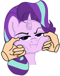 Size: 972x1212 | Tagged: safe, artist:dotkwa, color edit, edit, starlight glimmer, human, pony, unicorn, g4, annoyed, cheek pinch, cheek squish, chipmunk cheeks, colored, female, hand, looking at you, mare, simple background, solo, squishy cheeks, starlight glimmer is not amused, unamused, white background