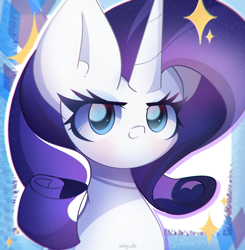 Size: 2400x2450 | Tagged: safe, artist:miryelis, rarity, pony, unicorn, g4, big ears, bust, cute, eyelashes, female, high res, horn, looking at you, mare, signature, smiling, smiling at you, solo, sparkles