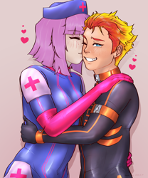Size: 2500x3000 | Tagged: safe, artist:nansfw, oc, oc only, oc:fireheart(fire), oc:nurse lavender blossom, human, equestria girls, g4, cheek kiss, clothes, couple, duo, female, fireheart76's latex suit design, gloves, high res, kissing, latex, latex gloves, latex suit, male, nurse, prisoners of the moon, rubber, rubber gloves, rubber suit, straight