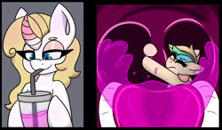 Size: 11120x6496 | Tagged: safe, artist:askhypnoswirl, oc, oc:candy sparkles, oc:decora, pony, unicorn, drink, drinking, drinking straw, imminent vore, juice, macro, macro/micro, micro, uvula, uvula hug, vore