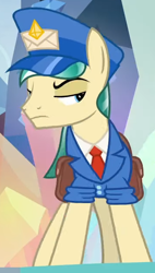 Size: 358x629 | Tagged: safe, screencap, proper postal, crystal pony, earth pony, pony, g4, the parent map, clothes, cropped, delivery pony, hat, lidded eyes, looking sideways, mailpony, male, solo, stallion, unamused, uniform