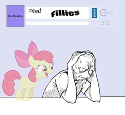 Size: 996x913 | Tagged: safe, apple bloom, earth pony, human, pony, g4, captcha, female, filly, foal, meme, text