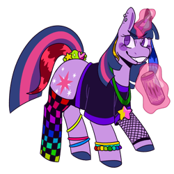 Size: 1080x1080 | Tagged: safe, artist:spaceoreosxoxo, twilight sparkle, pony, unicorn, g4, bracelet, clothes, colored hooves, coontails, drink, ear piercing, earring, energy drink, fishnet stockings, grin, jewelry, levitation, lip piercing, looking at you, magic, magic aura, monster energy, necklace, piercing, rainbow, scene, shirt, simple background, smiling, snake bites, solo, stockings, t-shirt, telekinesis, thigh highs, transparent background, unicorn twilight