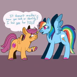 Size: 1080x1080 | Tagged: safe, artist:spaceoreosxoxo, rainbow dash, scootaloo, pegasus, pony, g4, blushing, cloven hooves, colored eyebrows, colored hooves, dialogue, duo, emanata, female, foal, mare, nonbinary, nonbinary pride flag, positive message, positive ponies, pride, pride flag, smiling, speech bubble, spread wings, talking, the cmc's cutie marks, wings