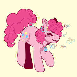 Size: 1080x1080 | Tagged: safe, artist:spaceoreosxoxo, pinkie pie, earth pony, pony, g4, jewelry, necklace, neurodivergent, simple background, solo, stimming, yellow background