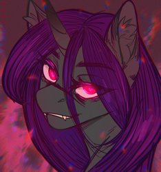 Size: 1727x1842 | Tagged: safe, artist:enderbee, oc, oc:enderbee, pony, unicorn, bust, colored, fangs, flat colors, glowing, glowing eyes, horn, icon, long hair, portrait, profile picture, purple hair, red eyes, sketch, solo, unicorn oc