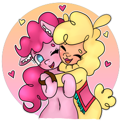 Size: 2692x2692 | Tagged: safe, artist:anykoe, paprika (tfh), pinkie pie, alpaca, earth pony, pony, semi-anthro, them's fightin' herds, g4, arm hooves, belly button, community related, contest, contest entry, female, heart, heart eyes, high res, hug, one ear down, simple background, transparent background, wingding eyes
