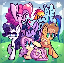 Size: 1486x1460 | Tagged: safe, artist:mihar34, applejack, fluttershy, pinkie pie, rainbow dash, rarity, twilight sparkle, alicorn, earth pony, pegasus, pony, unicorn, g4, ^^, eyes closed, grin, heart, lying down, mane six, mane six opening poses, smiling, standing, twilight sparkle (alicorn)