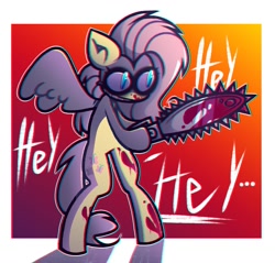 Size: 1360x1300 | Tagged: safe, artist:mihar34, fluttershy, pegasus, pony, .mov, g4, bipedal, blood, chainsaw, fluttershed, gradient background, smiling, solo, standing on two hooves, text