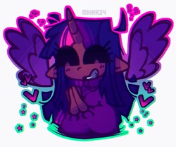 Size: 1080x898 | Tagged: safe, artist:mihar34, twilight sparkle, alicorn, anthro, g4, bust, clothes, eyes closed, female, heart, simple background, smiling, solo, sweater, twilight sparkle (alicorn), white background, wings