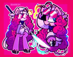 Size: 1426x1106 | Tagged: safe, artist:mihar34, pinkie pie, earth pony, pony, g4, clothes, glasses, jacket, naginata, smiling, solo, standing on two hooves, sword, unshorn fetlocks, weapon