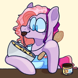 Size: 1080x1080 | Tagged: safe, artist:spaceoreosxoxo, chocolate chipper, earth pony, pony, g3, autism, autism spectrum disorder, baking, chew toy, chewing, cookie dough, cooking, eating, neurodivergent, solo, stimming, wooden spoon