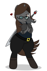 Size: 5129x7715 | Tagged: safe, artist:mrvector, oc, oc only, oc:sonata, pony, unicorn, belt, bipedal, clothes, crossed arms, dante (devil may cry), female, glasses, heart, mare, one eye closed, pants, simple background, smiling, smug, solo, sword, transparent background, vector, weapon, wide hips, wink
